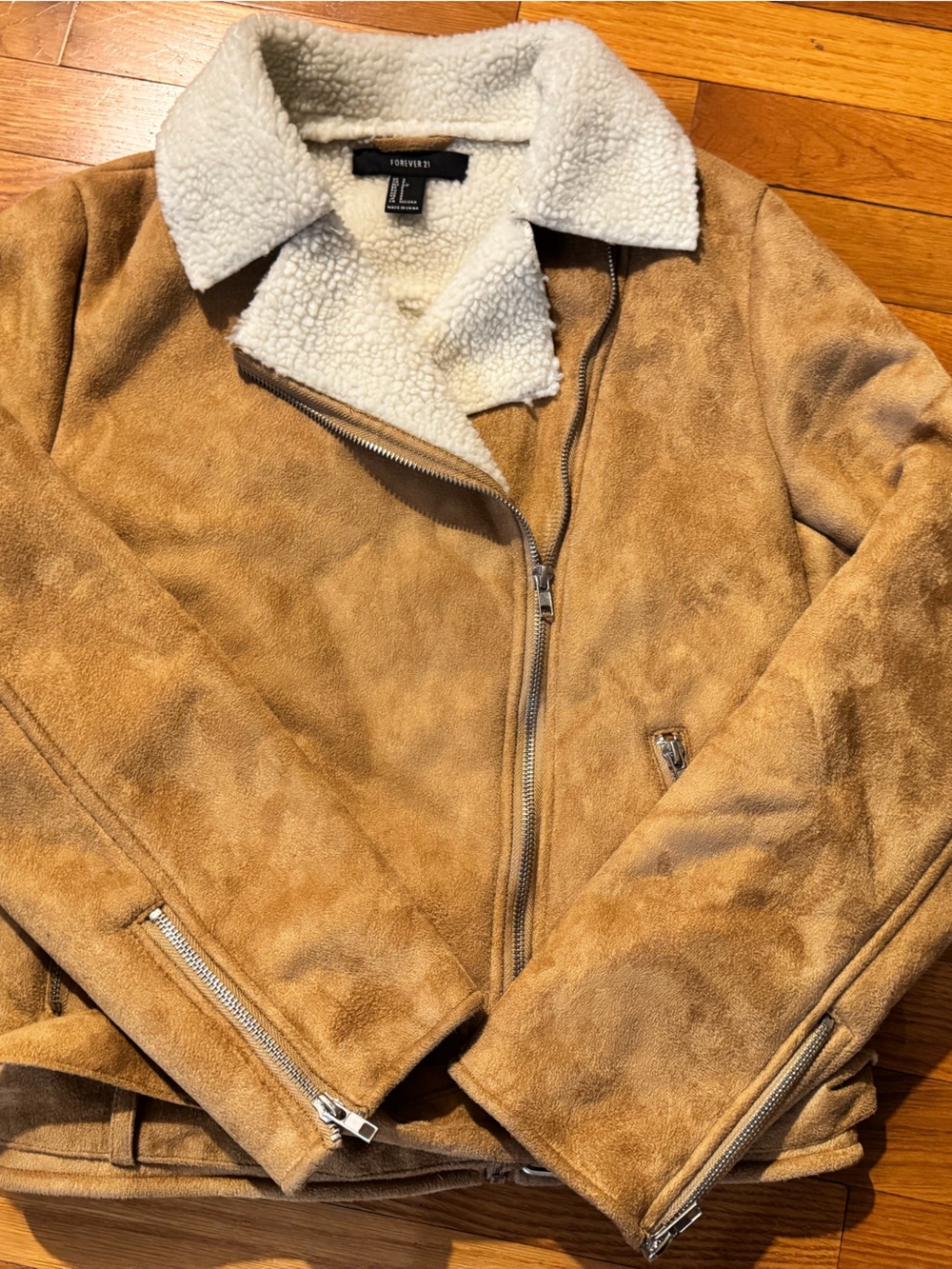 Forever 21 Tan Suede-Look Teddy Collar Moto Jacket with Cream Sherpa